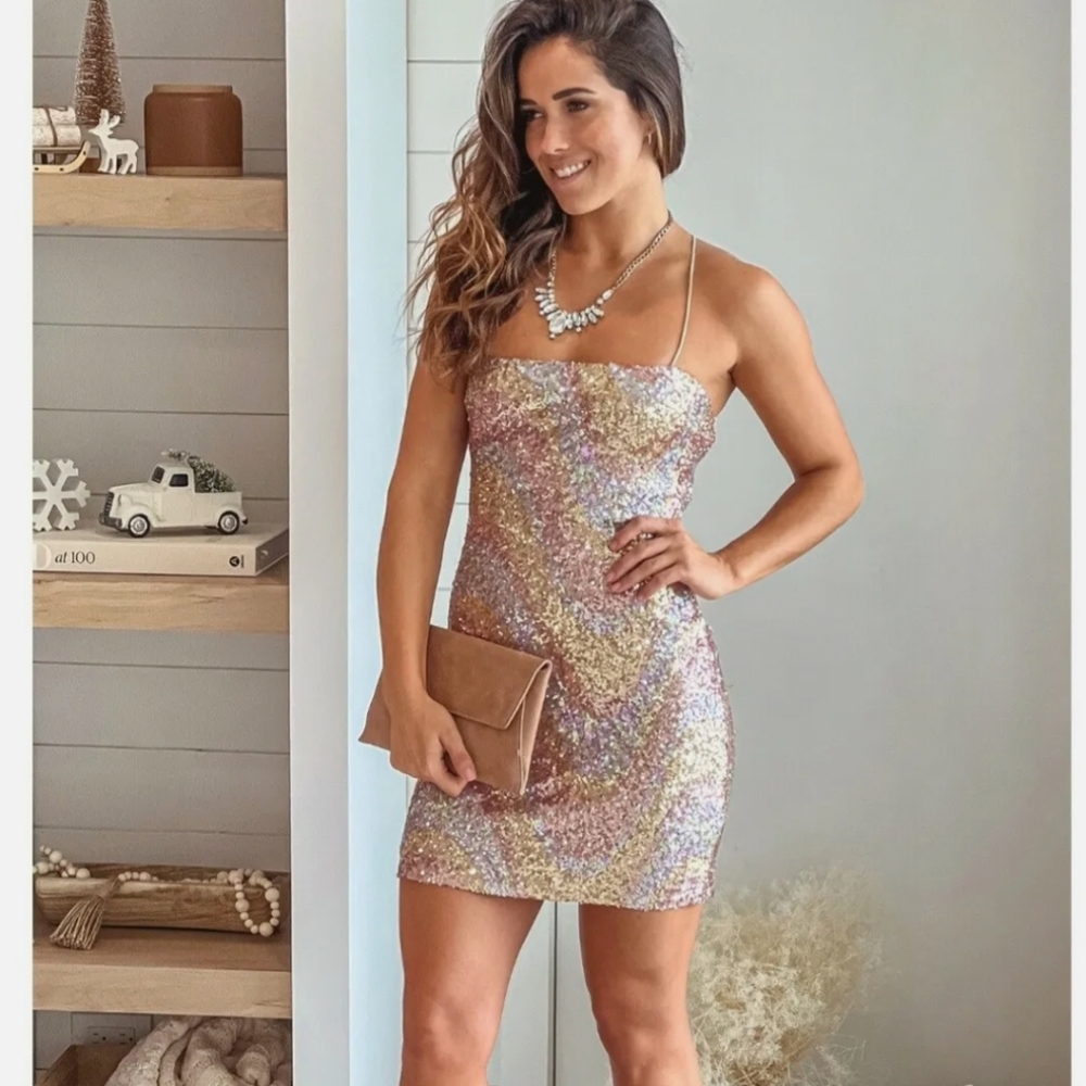 Sexy Sparkling NWT Dress Sequin Short Mini Dress Sz L Pink